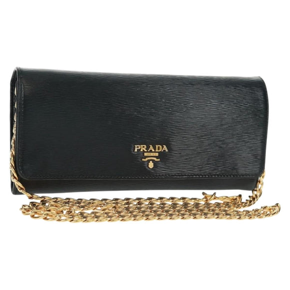PRADA Chain wallet Shoulder Bag Leather Black Gold Auth 165528V