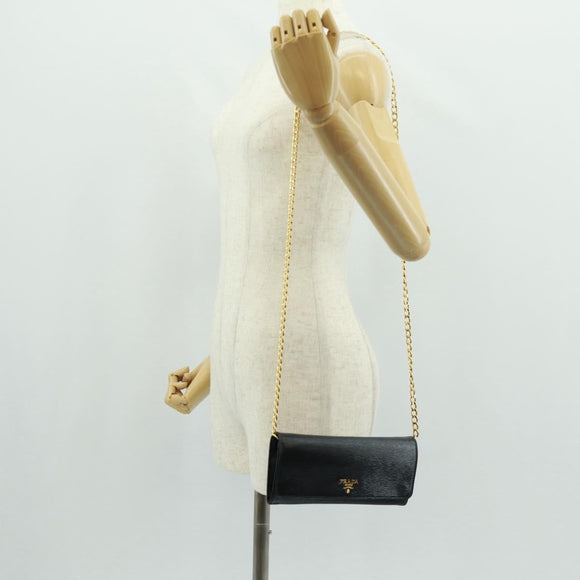 PRADA Chain wallet Shoulder Bag Leather Black Gold Auth 165528V