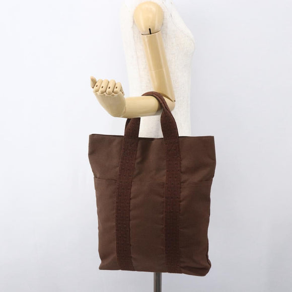 HERMES Her Line Cabas Tote Bag Canvas Brown Silver Auth 165552