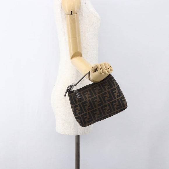 FENDI Zucca Canvas Hand Pouch Black Brown Auth 165561