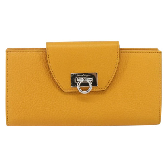 Salvatore Ferragamo Gancini Long Wallet Leather Yellow Silver Auth 165569