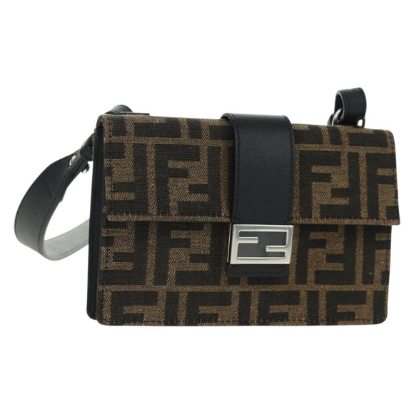 FENDI Zucca Canvas Shoulder Bag Black Brown Auth 165610SAM