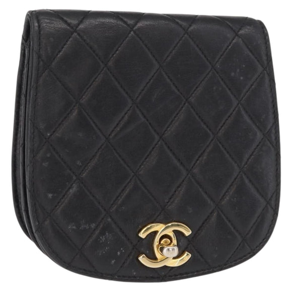 CHANEL Pouch Lamb Skin Black Gold CC Auth 165615