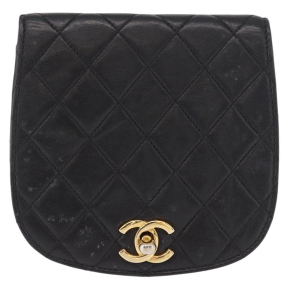 CHANEL Pouch Lamb Skin Black Gold CC Auth 165615