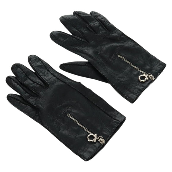 Salvatore Ferragamo Gancini Gloves Leather Black Auth 165653M