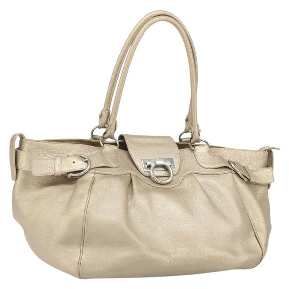 Salvatore Ferragamo Gancini Hand Bag Leather Gold Auth 165661