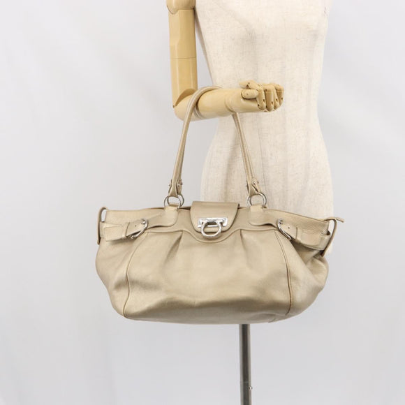 Salvatore Ferragamo Gancini Hand Bag Leather Gold Auth 165661