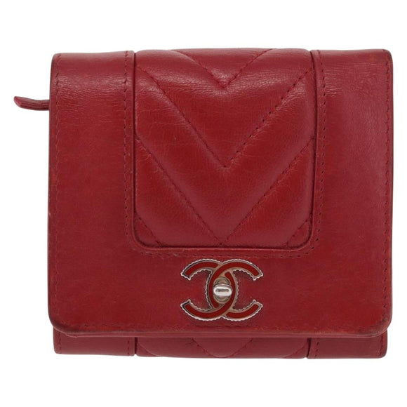 CHANEL Matelasse Mademoiselle Wallet Lamb Skin Red Silver CC Auth 165720