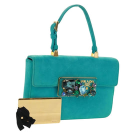 PRADA Hand Bag Suede Turquoise Blue Gold Auth 165751V
