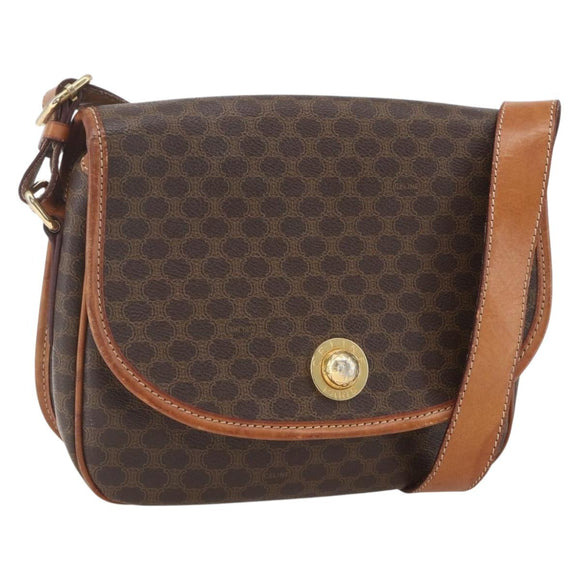 CELINE Macadam Canvas Shoulder Bag PVC Leather Brown Gold Auth 165760