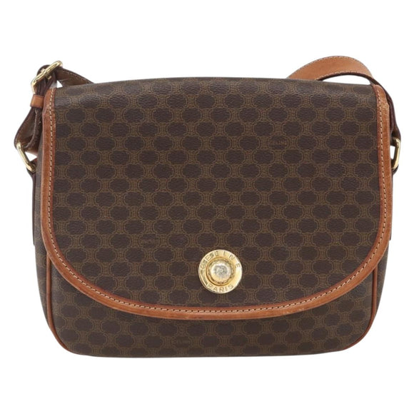 CELINE Macadam Canvas Shoulder Bag PVC Leather Brown Gold Auth 165760