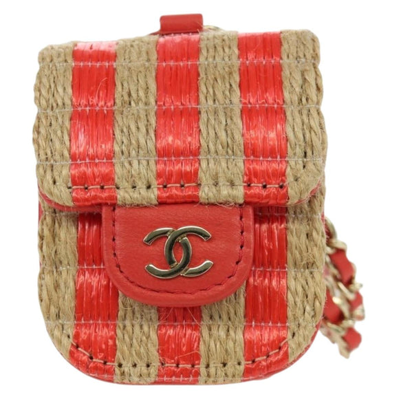 CHANEL AirPods Case Neck Pouch Raffia Red Gold CC Auth 165839SAM