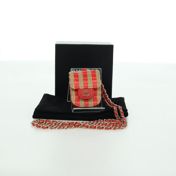 CHANEL AirPods Case Neck Pouch Raffia Red Gold CC Auth 165839SAM