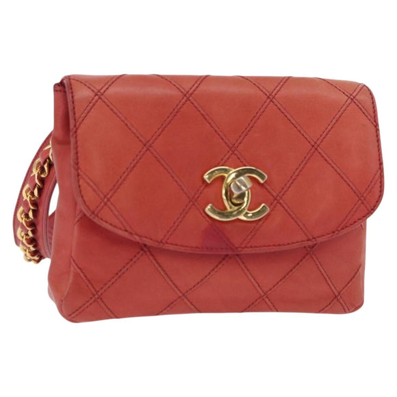 CHANEL Bicolore Waist bag Lamb Skin Red Gold CC Auth 165917