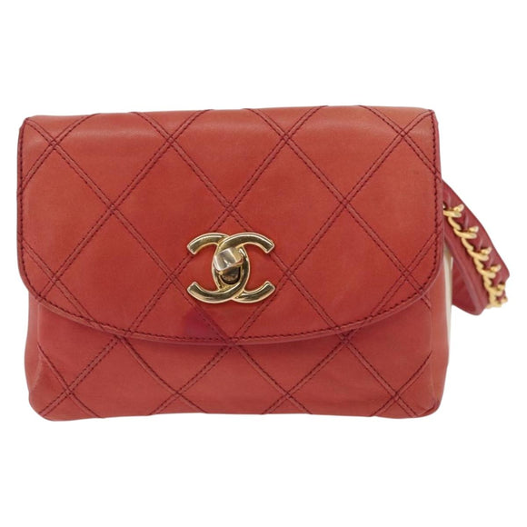 CHANEL Bicolore Waist bag Lamb Skin Red Gold CC Auth 165917