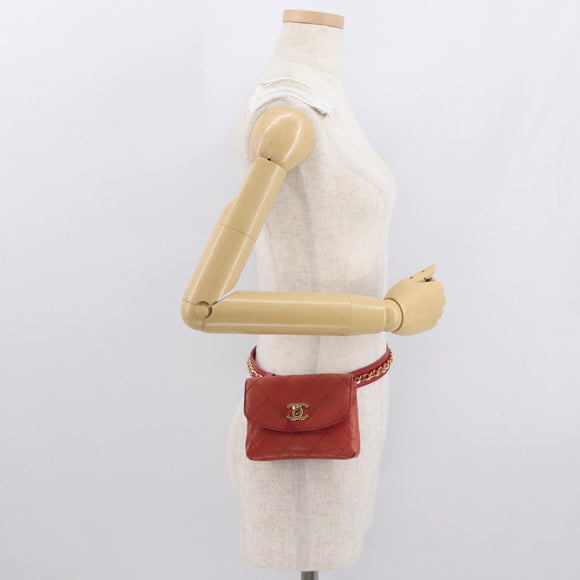 CHANEL Bicolore Waist bag Lamb Skin Red Gold CC Auth 165917
