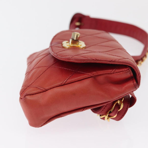 CHANEL Bicolore Waist bag Lamb Skin Red Gold CC Auth 165917