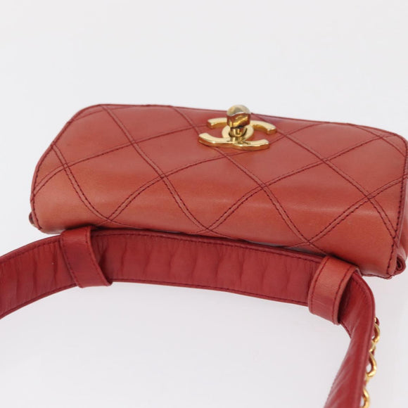 CHANEL Bicolore Waist bag Lamb Skin Red Gold CC Auth 165917