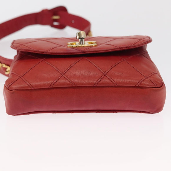 CHANEL Bicolore Waist bag Lamb Skin Red Gold CC Auth 165917