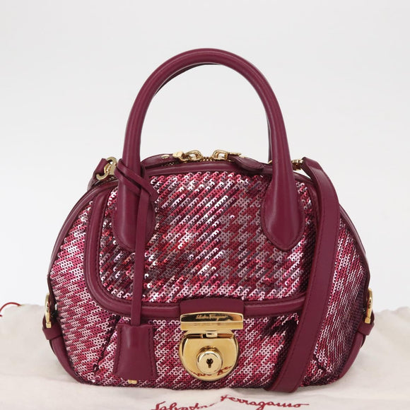 Salvatore Ferragamo Gancini Sequin Bag Leather 2way Pink Gold Auth 165928SAV