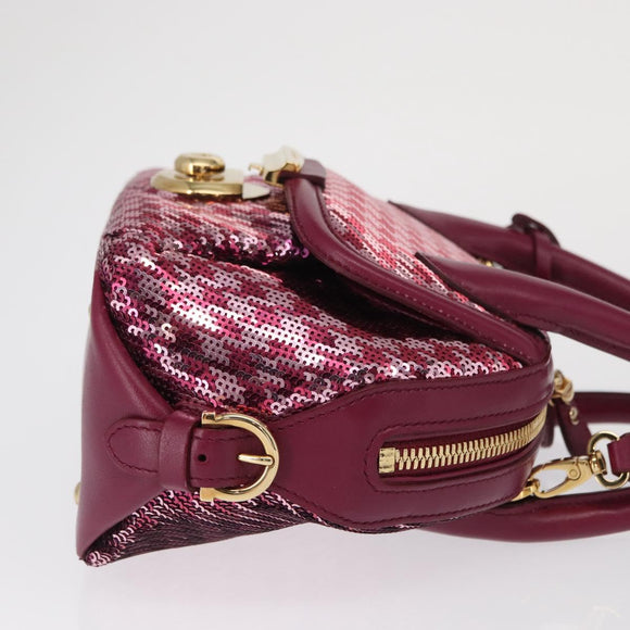 Salvatore Ferragamo Gancini Sequin Bag Leather 2way Pink Gold Auth 165928SAV
