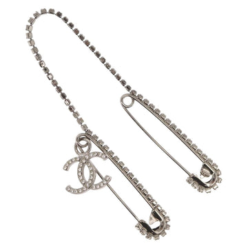 CHANEL COCO Mark Rhinestone Safety Pin metal Silver tone CC Auth 165929SM