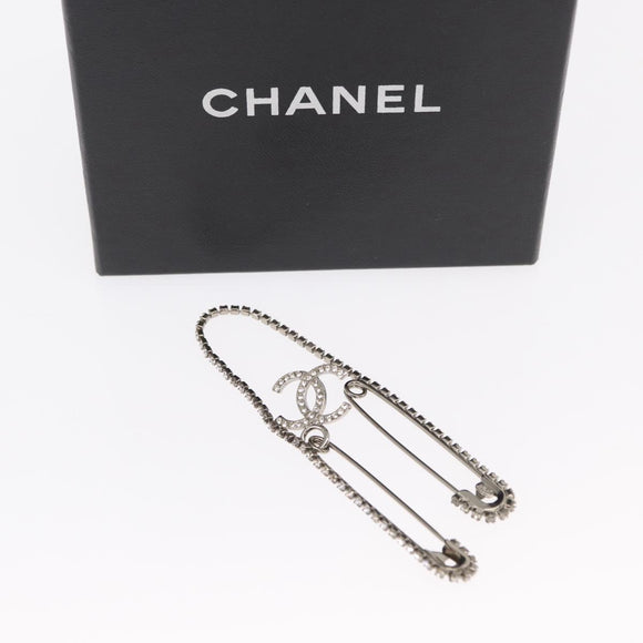 CHANEL COCO Mark Rhinestone Safety Pin metal Silver tone CC Auth 165929SM