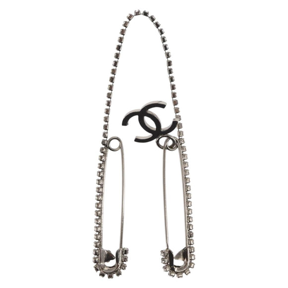 CHANEL COCO Mark Rhinestone Safety Pin metal Silver tone CC Auth 165929SM