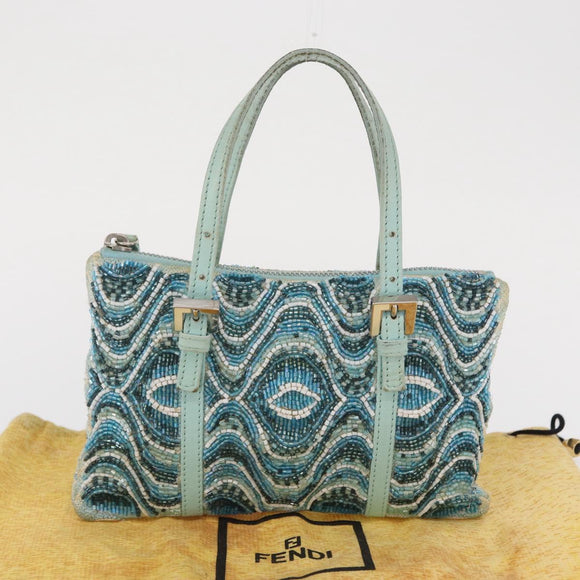 FENDI Beads Hand Bag Canvas Blue Silver Auth 165940SAV