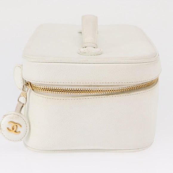 CHANEL Vanity Hand Bag Caviar Skin White Gold CC Auth 165943