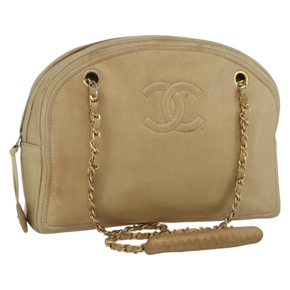 CHANEL Chain Shoulder Bag Lamb Skin Beige Gold CC Auth 165944