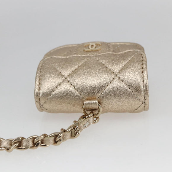 CHANEL Matelasse Air Pods case Coin Purse Lamb Skin Gold CC Auth 165948SM