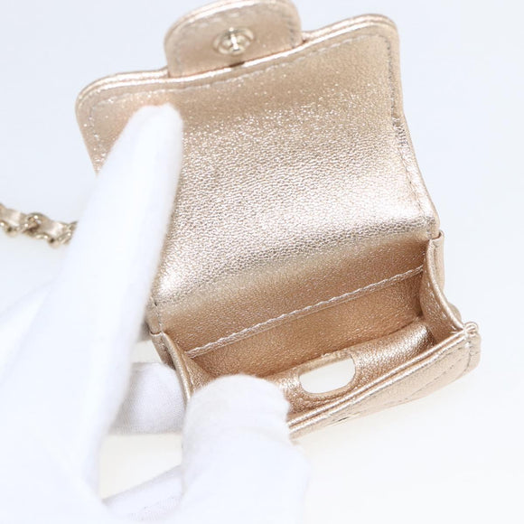 CHANEL Matelasse Air Pods case Coin Purse Lamb Skin Gold CC Auth 165948SM