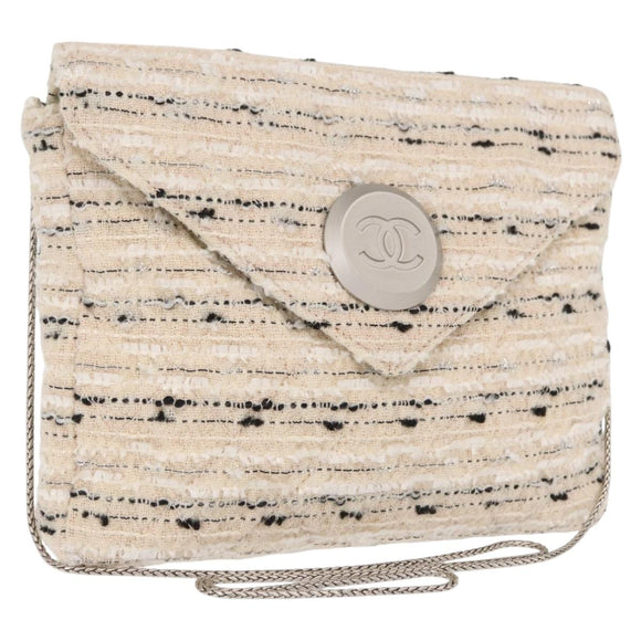 CHANEL Chain Shoulder Bag Tweed White Silver CC Auth 165951SM