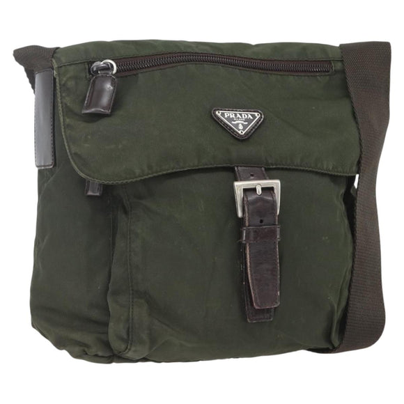 PRADA Shoulder Bag Nylon Khaki Silver Auth 165971