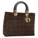 Christian Dior Lady Dior Canage Hand Bag Suede Brown Gold Auth 165978-1