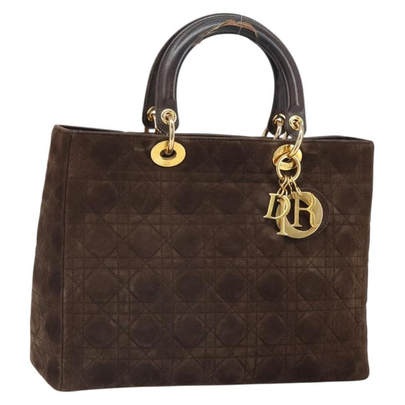 Christian Dior Lady Dior Canage Hand Bag Suede Brown Gold Auth 165978