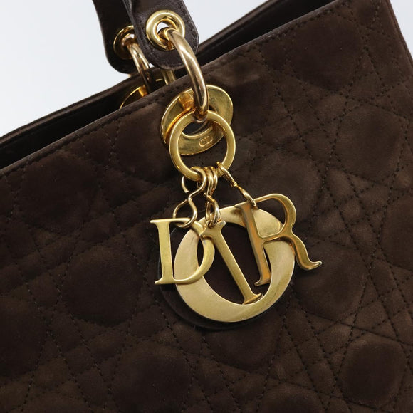 Christian Dior Lady Dior Canage Hand Bag Suede Brown Gold Auth 165978