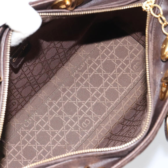 Christian Dior Lady Dior Canage Hand Bag Suede Brown Gold Auth 165978