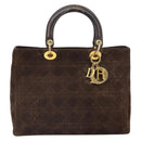 Christian Dior Lady Dior Canage Hand Bag Suede Brown Gold Auth 165978-13