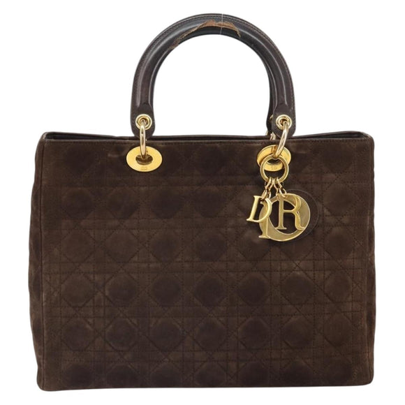 Christian Dior Lady Dior Canage Hand Bag Suede Brown Gold Auth 165978