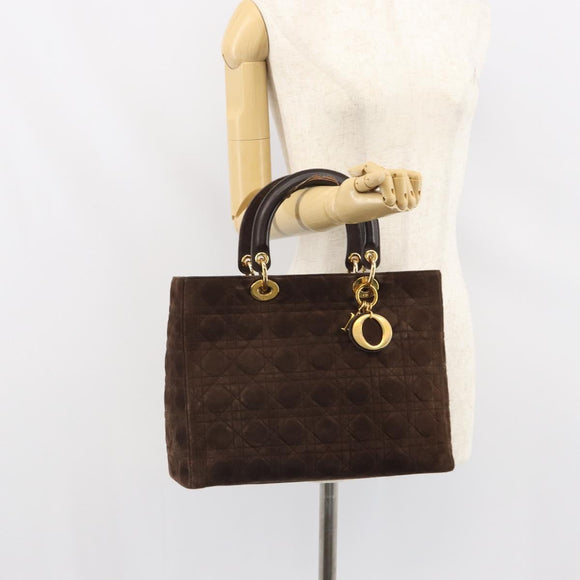 Christian Dior Lady Dior Canage Hand Bag Suede Brown Gold Auth 165978