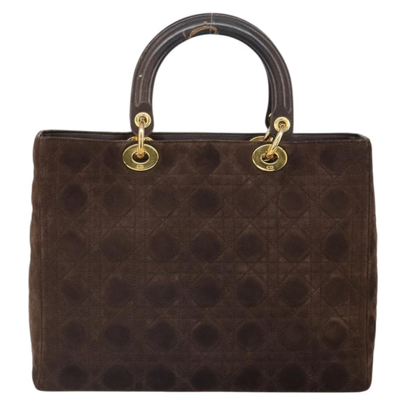 Christian Dior Lady Dior Canage Hand Bag Suede Brown Gold Auth 165978