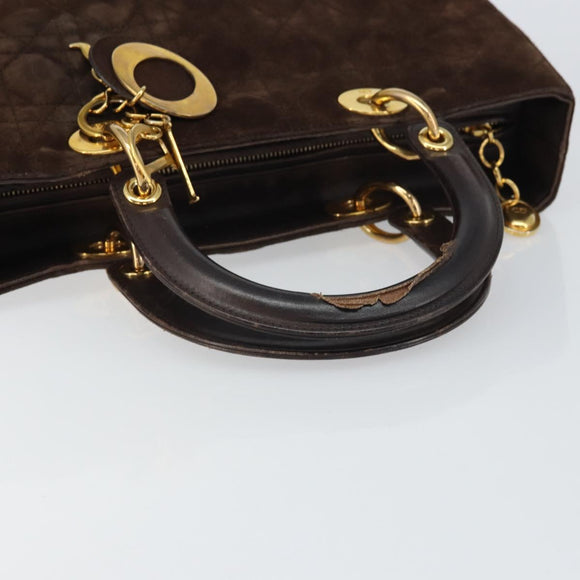 Christian Dior Lady Dior Canage Hand Bag Suede Brown Gold Auth 165978