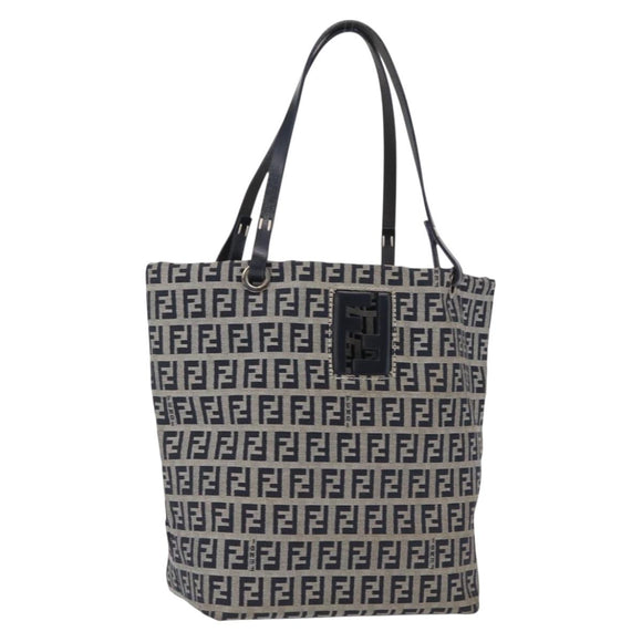 FENDI Zucchino Canvas Hand Bag Navy Silver Auth 166002