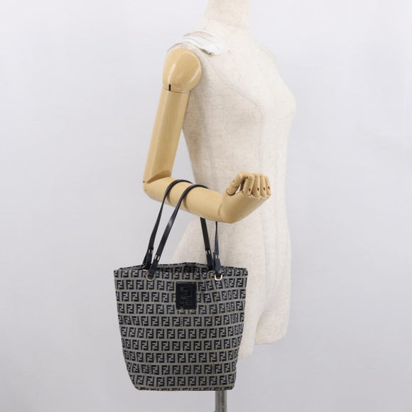 FENDI Zucchino Canvas Hand Bag Navy Silver Auth 166002