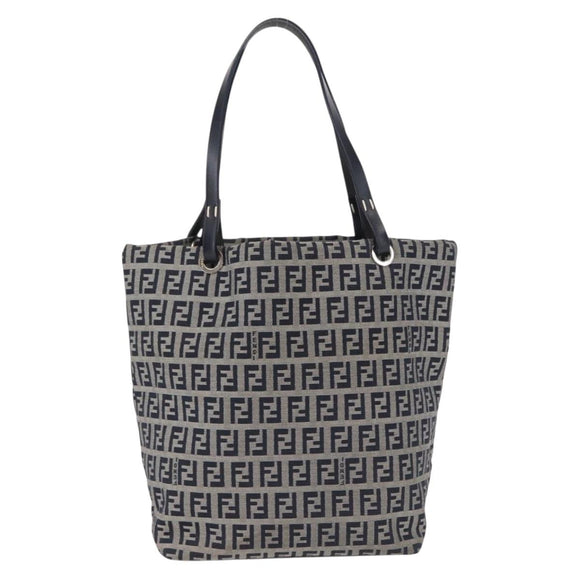 FENDI Zucchino Canvas Hand Bag Navy Silver Auth 166002