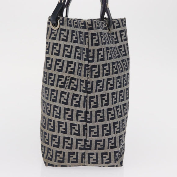 FENDI Zucchino Canvas Hand Bag Navy Silver Auth 166002