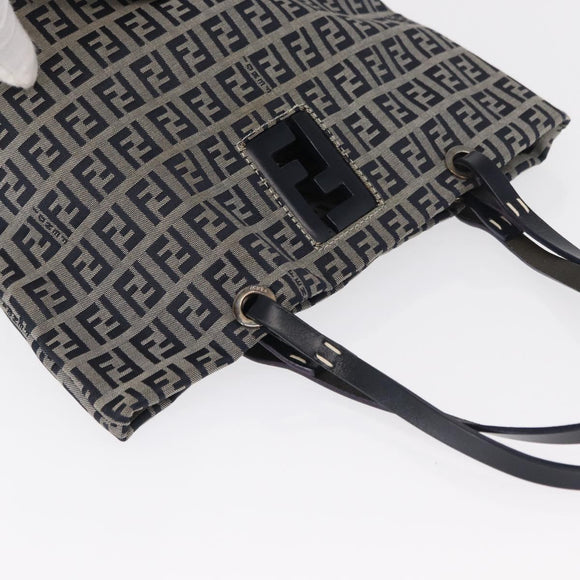 FENDI Zucchino Canvas Hand Bag Navy Silver Auth 166002