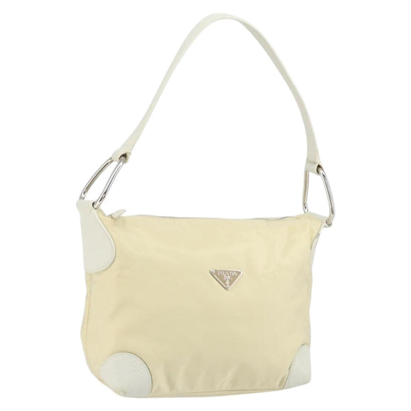 PRADA Shoulder Bag Nylon Leather Ivory Silver Auth 166005